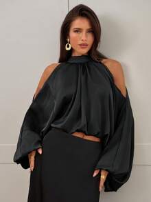 Aloruh 女士新款缎面长袖衬衫，纯色乳白色和香槟色，泡泡袖设计，优雅性感派对装，秋冬款 - 黑色 - 查看 6