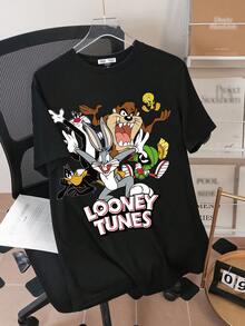 LOONEY TUNES X SHEIN 男士卡通动物与字母印花短袖 T 恤 - 黑色 - 查看 1