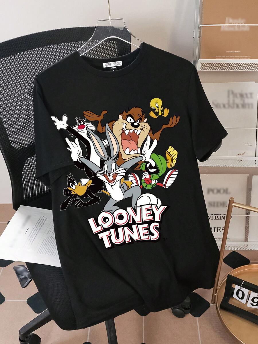 LOONEY TUNES X SHEIN 男士卡通动物与字母印花短袖 T 恤 - 黑色 - 查看 1