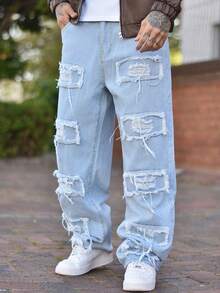 Devon Thys Jeans anchos de corte holgado y estilo retro casual para hombres, pantalones de moda callejera, estilo emo - Azul - Ver 5