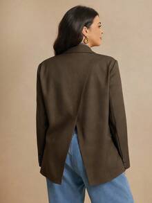 Elaquor Plus Size Women's Solid Color Lapel Collar Long Sleeve Single Button Casual Blazer Jacket, Autumn