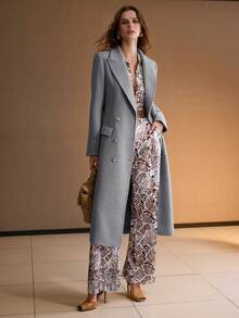 MOTF PREMIUM 女士双排扣尖领长款大衣，秋冬季 - 淺灰色 - 查看 5