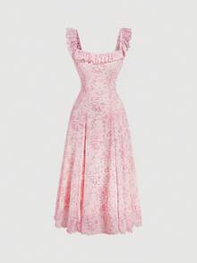 SHEIN MOD 方領花卉印花網紗中長裙，褶邊下擺和收腰設計 - 粉色 - 查看 1