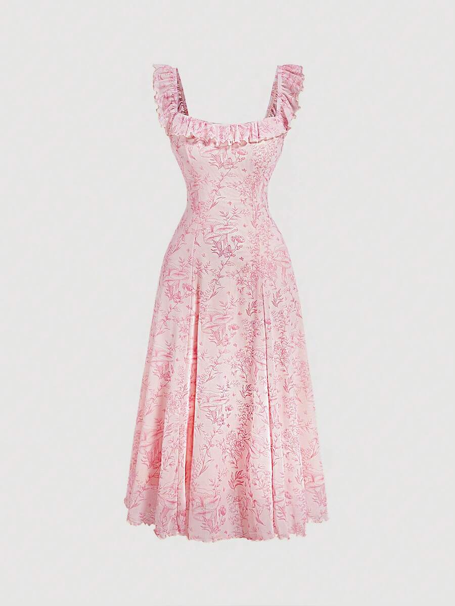 SHEIN MOD 方領花卉印花網紗中長裙，褶邊下擺和收腰設計 - 粉色 - 查看 1