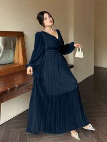 Vibekara Romantic V-Neck Backless Long Sleeve Dress, Flowy Elegant Greek Style White Goddess Gown - Navy Blue - View 3