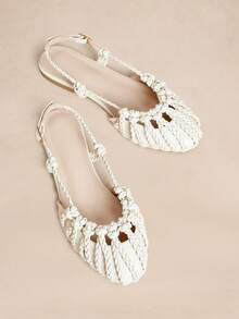 Rosivie 女士手工编织罗马平底凉鞋，闭趾踝带搭扣，适合派对、活动、度假，性感沙滩平底鞋 - 米色 - 查看 8