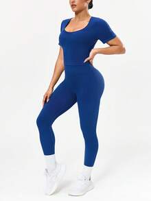 SHEIN Sports 蓝色罗纹短袖长裤套装，弹力十足，防蹲走光 - 藏蓝色 - 查看 3
