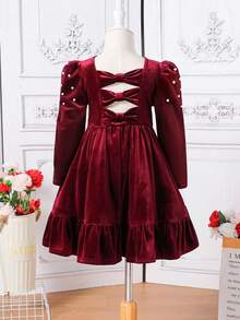 SHEIN 少女可爱露背3D蝴蝶结装饰丝绒连衣裙，休闲简约优雅，适合秋冬季节、圣诞节、派对、生日等场合穿着。 - 紅色 - 查看 7