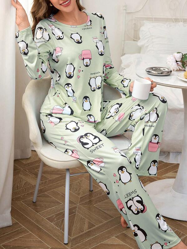 1pc Women's Milk Silk 140g Digital Print Pajama Set Cute Pajama Penguin Pajamas Kawaii Pajamas Cute Pajamas For Woman Cartoon Pajamas Set Women, Winter Clothes