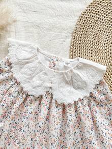 SHEIN Vintaside Kids 1pc Girls Young Girl Ditsy Floral Loose Fit Long Sleeve Dress, Elegant Collar Flower Design, Casual Versatile Dress For Autumn - Pink - View 5