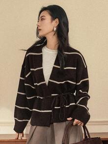 Dazy-Less 休闲撞色条纹裹身开衫，秋冬商务休闲女装 - 棕色 - 查看 3