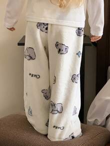 DAZY Young Girl Cute Cartoon Koala, Star, Silver Fox Plush Loose Pajama Pants, Autumn/Winter - White - View 2