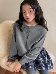 DAZY Tween Girl Fall/Winter New Loose Fit Gray Cardigan Sweater For Girls - Grey - View 3