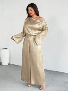 Firerie Damen Große Größen Set aus asymmetrischer Schulter Loose Metallic Weite Ärmel Bluse und Elastischer Taille Weite Bein Hose, geeignet für Dates, Partys, Pendeln, Konzerte, Abschlussfeier, Lehreroutfit, formelle Anlässe - Gold - Übersicht 4