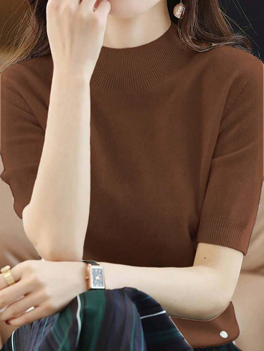 Women's Casual Solid Color Turtleneck Short Sleeve Knit Top, Autumn - Coffee Brown - View 1