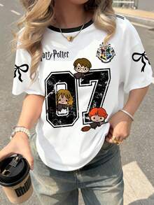 HARRY POTTER X SHEIN 女士休闲时尚街头运动学院风趣味卡通人物和数字蝴蝶结印花撞色条纹肩部短袖 T 恤，夏季 - 白色 - 查看 5