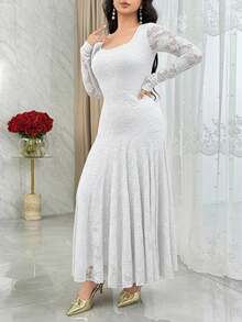 Modelyn Elegant Square Neck Lace Cinched Waist Mermaid Hem Cocktail Dress - White - View 4