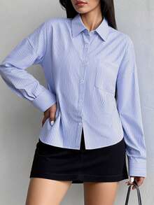 Franclia Camisa holgada de manga larga a rayas azules y blancas, de estilo casual de otoño para mujeres, elegante, de moda, casual, para ir a la oficina, diaria, de ocio, versátil, urbana, profesora, atuendo profesional - Azul - Ver 5
