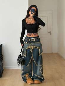 Coolane 女士冬季街头风返校派对 Y2K 朋克风豹纹舒适黑色修身露背长袖二合一T恤豹纹印花上衣 - 黑色 - 查看 2