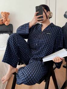 Dream Adore Bộ đồ ngủ dài tay dáng rộng, thoải mái, cỡ lớn, in họa tiết kẻ caro, có cổ ve áo, thích hợp mặc nhà mùa thu, màu xanh hải quân, bộ đồ ngủ kẻ sọc, quần áo mùa đông. - Nhiều màu - Xem 4