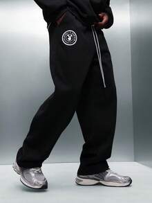 PLAYBOY X SUMWON Pullover Hoodie And Sweatpants Set With Drawstring Hood Centre Pocket Bunny Logo Print Casual Loungewear Co-Ord Set Winter Fall - Black - View 4