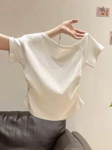 女士休闲纯色不对称领褶皱T恤，夏季 - 白色 - 查看 2