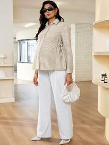 MaterniWear 春季女士办公室、商务孕妇工作休闲衬衫，秋季条纹侧系腰长袖休闲棉质衬衫 - 卡其色 - 查看 7