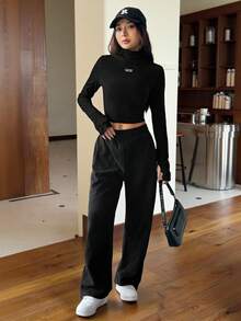 SHEIN EZwear 針織女士修身長袖t恤,印有字母圖案 - 黑色 - 查看 6