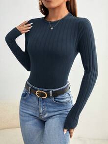 Siren Gaze Casual Solid Color Knitted Bodysuit, Autumn Summer,Fall,Fall Clothes For Women Blue - Navy Blue - View 4
