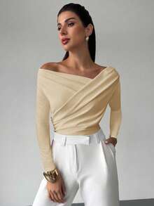 Firerie 女士优雅简约时尚不对称荷叶边领长袖露脐白色上衣，适合日常通勤、音乐节、度假等场合。 - 米色 - 查看 7