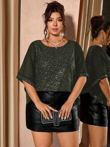 Cravure Plus Size Women's Luxury Party Style Versatile Fashion Slimming Glitter Elegant Blouse, Suitable For Gatherings And Banquets - Army Green - View 2