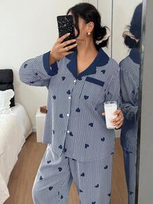 SHEIN Plus Size Contrast Color Collar Ruffle Heart Striped Long Sleeve Curve Pajamas Set Sleep Wear Women Set, Winter Clothes Wedding Valentine's Day - Blue - View 4