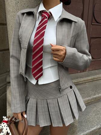 MainGRL Conjunto estilo universitario tejido en color caqui para mujer