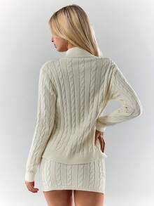 Glamine Conjunto de 2 piezas de top de manga larga con cremallera y cable retorcido, y minifalda de punto para mujer. Ropa neutral de otoño, vestidos de suéter, conjuntos neutrales, outfit con botas - Blanco - Ver 6