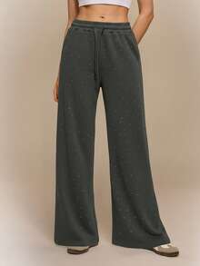 Hanevo Women's Fashion Rhinestone Embellished High Waist Drawstring Loose Fit Straight Leg Sweatpants Fall Cloth For Women - Dark Grey - View 7