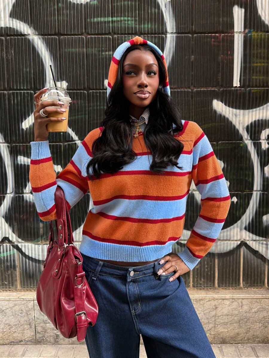 SHEIN Unity Casual Vintage Colorblock Striped Hooded Sweater, Autumn/Winter, New Year , Christmas Looks - Multicolor - View 1