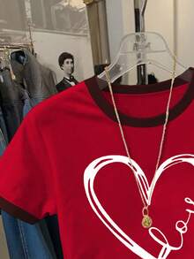 Resyla 女士宽松休闲圆领爱心印花T恤 - 紅色 - 查看 5