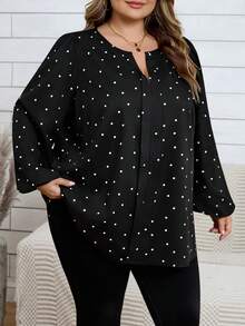 SHEIN CURVE+ Áo sơ mi thường ngày cổ chữ V tay dài in hoa cỡ lớn - màu đen - Xem 7
