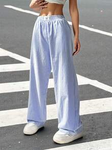 SHEIN EZwear 女式休闲条纹格子细节阔腿直筒裤 - 藍色 - 查看 5