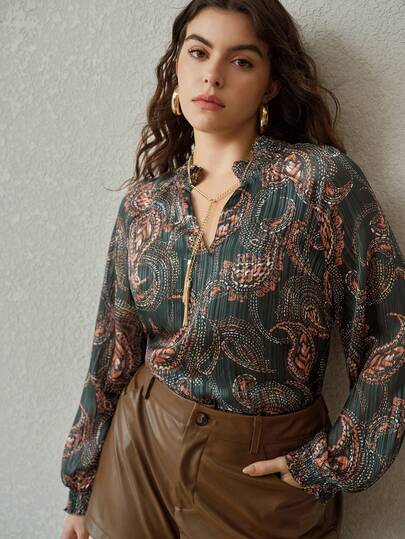 MOTF PREMIUM 佩斯利印花长袖衬衫，波西米亚风，秋冬季