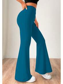 Pantalón campana mujer moderno cintura alta cómodo básico elegante casual juvenil moda fiesta versátill casual y elegante para toda ocasión - Agua verde azul - Ver 2