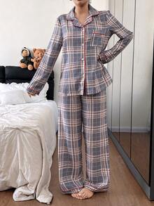 Snug Zone 格纹撞色滚边翻领上衣和裤子睡衣套装，冬季服装 - 彩色 - 查看 4