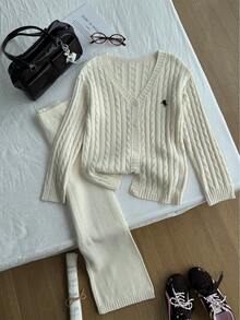 SHEIN Girls Cream White Star Jacquard Knit Clothes Set,Autumn Casual V-Neck Cardigan & Sweatpants,Back-To-School Holiday Tween Matching Sweater Suit,Winter - Apricot - View 7