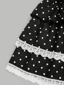 Sweetra Váy mini xếp lớp họa tiết chấm bi đen trắng dễ thương cỡ lớn Y2K dành cho nữ - Đen và trắng - Xem 3