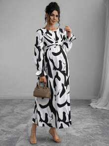 Momance Women's Fashionable Elegant Round Neck Twisted Asymmetric Geometric Print Waist Tie Maternity Long Sleeve Dress, Spring/Autumn - White - View 6