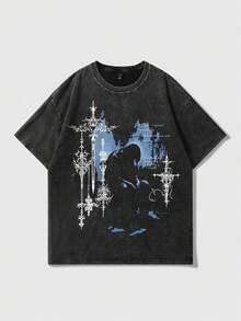 ROMWE MEN Goth 男士人像印花酸洗短袖T恤，适合日常穿着，春夏款 - 黑色 - 查看 3