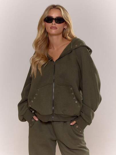 MUSERA Eyelet Trim Detail Zip Through Hoodie Top Loungewear Cool Girl Streetstyle Cosy Everyday Fall Autum Winter  Everyday