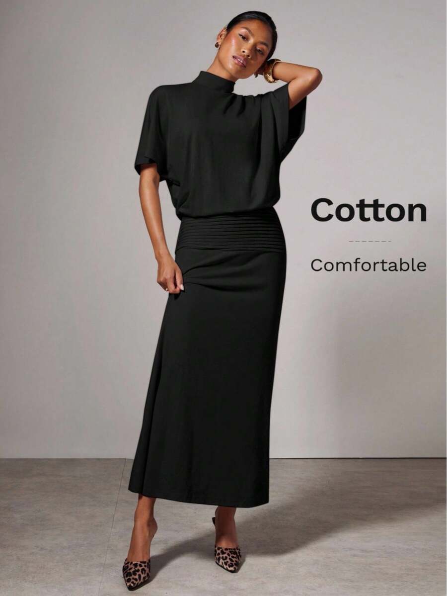 COSMINA Women's Casual Solid Color Stand Collar Short Sleeve Dress - Black - View 1