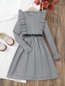 SHEIN Tween Girl Casual Knitted Jacquard Solid Color Ruffle Collar Long Sleeve Dress, Grey Dress, Suitable For Christmas, New Year Party, Preppy Style, Daily Wear - Grey - View 3