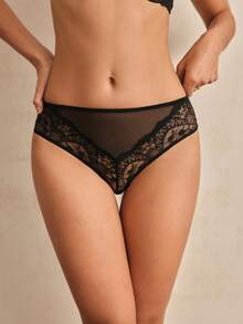 Charlaine Schwarze Blumen-Spitze, Wimpernspitze, Spitzen-Patchwork, Sexy, transparent, weich, Büro, Alltagstragen Damen Unterhosen - Schwarz - Übersicht 5